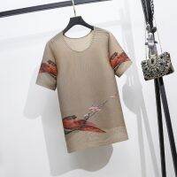 Miyake pleated 2021 new spring and summer Chinese wind print flower large size slim T-shirt top