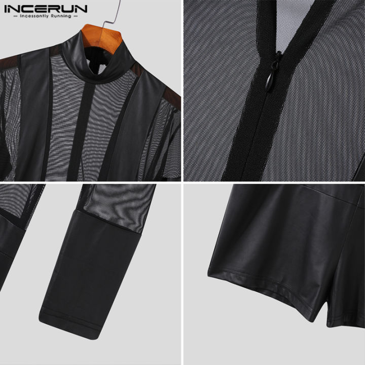 incerun-ชุดชุดจั๊มสูทลำลองเย็บแขนยาวสำหรับผู้ชายแบบตาข่ายสำหรับใส่ในบ้านคาร์โก้แบบตาข่าย