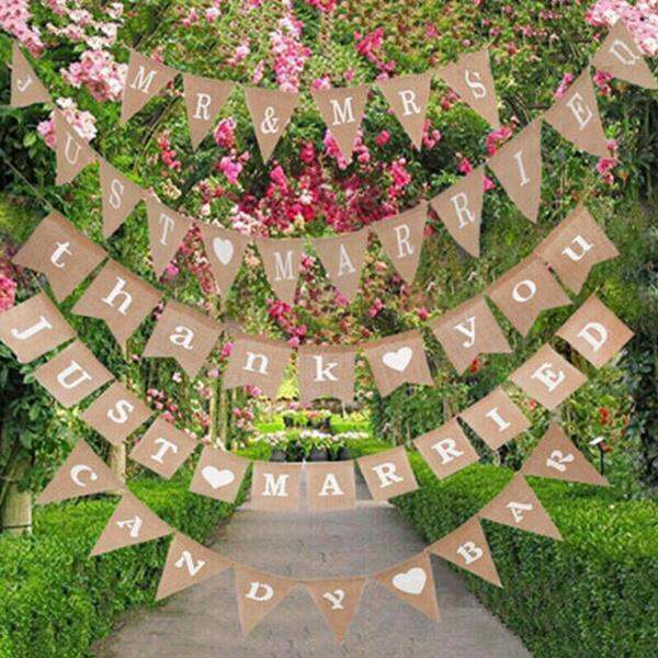 {Happy party} PRE STRUNG Jute ธงผ้าป้ายแบนเนอร์แบบชนบทธง MR MRS เพิ่ง ...