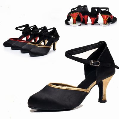 รองเท้ามาตรฐานสำหรับผู้หญิง,รองเท้าสำหรับเต้นรำบอลรูมนุ่มซาตินสีดำพื้นรองเท้าสไตล์โมเดิร์นขนาด5ซม./7ซม.