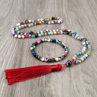 108 Mala Beads Natural Stone Necklace Women 6mm Mixed Color Agates Knotted Tassel Necklaces Men Charm celets Yoga Jewelry Set