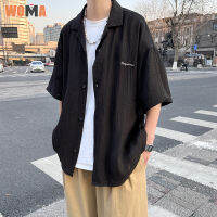 WOMA เสื้อปกครึ่งแขนปักลายคิวบาของผู้ชาย,เสื้อทรงหลวมสไตล์ญี่ปุ่นเสื้อยึดขี้เกียจพรีเมี่ยม