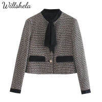 Willshela แฟชั่นสำหรับผู้หญิง Houndstooth เกาหลีภาษาฝรั่งเศสคำสไตล์ Cropped แจ็คเก็ตน้ำหนักเบา Bowed คอเสื้อแขนยาวหญิง Elegant Lady สั้นเสื้อ