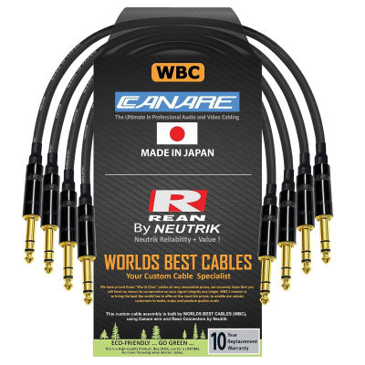 WORLDS BEST CABLES 4 Units - 1 Foot - Canare L-4E6S Star Quad, Patch Cable terminated with Neutrik-Rean NYS ¼ Inch (6.35mm) Gold TRS Stereo Phone Plugs - Custom Made