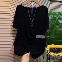 Sense of large size womens clothing design of irregular short sleeve T-shirt girl summer fashion fat mm covered belly show thin western style jacket