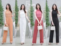 D23-052 Jumpsuit ชุดจั้มสูทแขนกุด ตัดแต่งผ้าชีฟองด้านหน้าอก ขากระบอกยาว ซิปหลัง