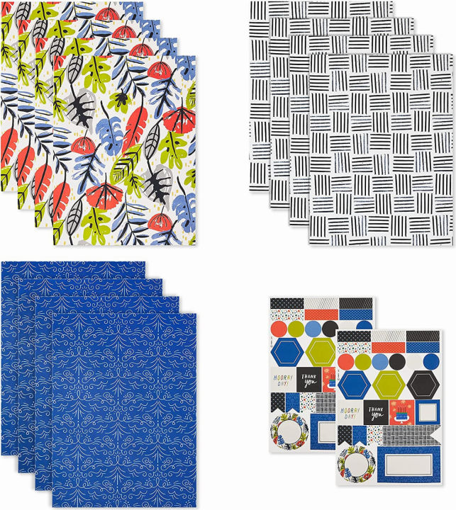 Hallmark Flat Wrapping Paper Sheets with Cutlines on Reverse (12 Folded  Sheets with Sticker Seals) Black and White Crosshatch, Blue Floral,  Tropical