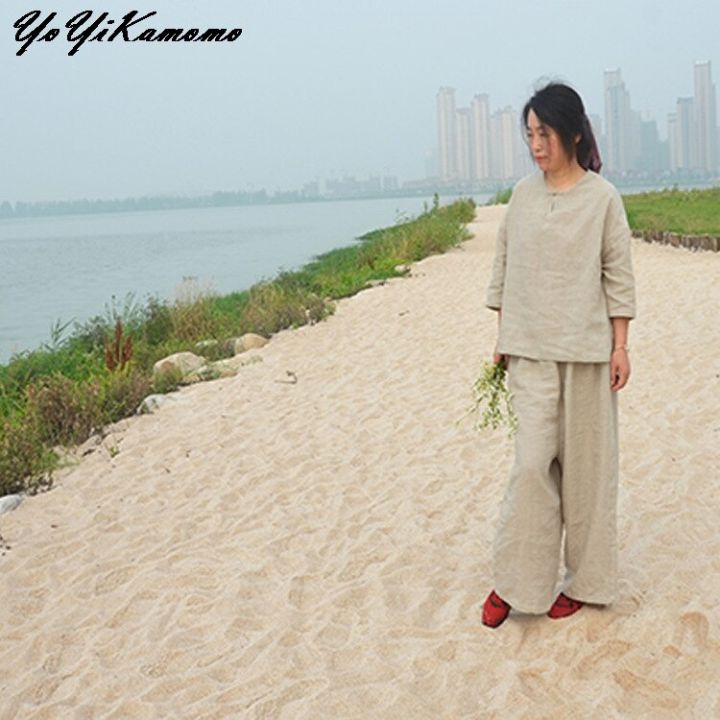yoyikamomo-เสื้อผู้หญิงฝ้ายลินินชุดเดรสแขนสามส่วนสไตล์วินเทจ2019ฤดูใบไม้ร่วงเสื้อผู้หญิงหลวมสีทึบ