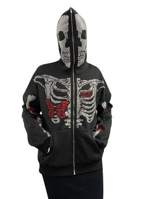 ผู้ชายผู้หญิงซิปเต็ม Hoodie Over Face ขนาดใหญ่ Rhinestone Skeleton Graphic Hoodie 90S Hooded Sweatshirt Jacket Streetwear