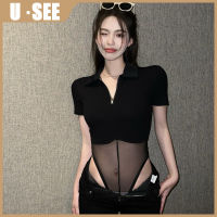 U·SEE เสื้อโปโลสาวสวยหวานเสื้อยืดคอปกสำหรับผู้หญิงเสื้อวันเดียวสุดเซ็กซี่สไตล์ไนท์คลับหน้าร้อนเสื้อแฟชั่น