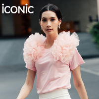 iCONiC PINK BLESS T-SHIRT #4653 เสื้อยืดสีชมพู ตกแต่ง ระบาย ไหล่ฟูฟ่องสวยงาม ด้วย ผ้ากลิตเตอร์ ระยิบระยับ วิบวับและ ผ้าทูลล์ บางเบา  เสื้อผ้าผู้หญิง