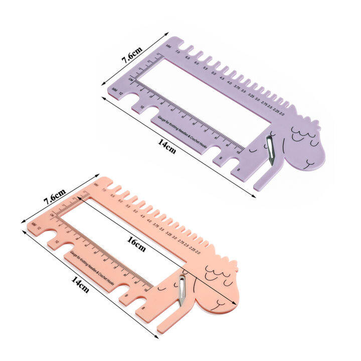 เครื่องวัดหัวแกะพร้อมกรรไกรเครื่องวัดสีม่วงสำหรับเข็มถักและตะขอถัก-mm-us-uk-canada-ขนาดไม้บรรทัดเครื่องมือ