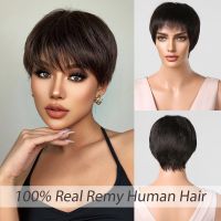 Short Straight Real Human Hair Wig for Women Pixie Cut Bob Dark Brown Black Wigs with Bangs Layered Natural Color Remy Hair [ Hot sell ] TOY CENTER