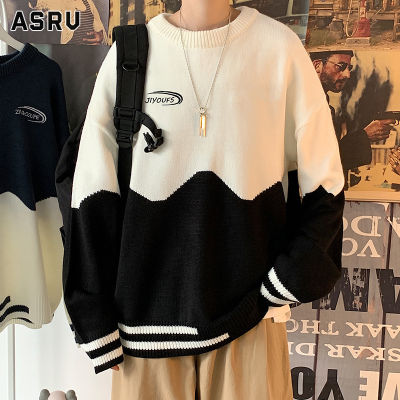 ASRV เสื้อกันหนาว ผช เสื้อกันหนาว ผู้ชาย สเวตเตอร์ชาย sweaters for men Colorblock เสื้อยืดคอกลมแขนสั้นผู้ชายแนวโน้มฤดูหนาวคู่สไตล์ฮ่องกงหลวมสบายๆถักเสื้อกันหนาวแจ็คเก็ตน้ำ