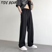 TIDE BEAR กางเกงลำลองขายาวแบบลำลองสำหรับผู้ชาย,กางเกงลำลองทรงหลวมระบายอากาศได้ดีมีกางเกงผ้าไหมน้ำแข็งแนวสตรีทสไตล์ตามท้องถนนแนววินเทจสีบล็อกบางกางเกงผู้ชายขาสามส่วนคู่