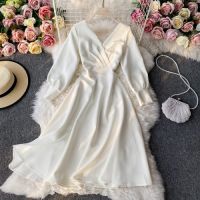 2021Ezgaga Elegant Dress Women Vintage Long Sleeve V-Neck High Waist Holiday Party Dress Solid Dresses French Style Robe Vestidos