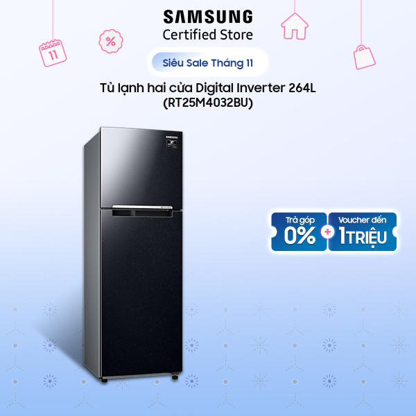 Tủ lạnh Samsung hai cửa Digital Inverter 264 lít (RT25M4032BU) Ngăn đông mềm, Khử mùi, diệt khuẩn
