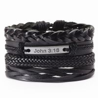 สายรัดข้อมือจอห์น3:16 WWJD ความเชื่อพังค์4ชิ้น/เซ็ตวินเทจลูกปัดสีดำกำไลข้อมือกำไลข้อมือหนังผู้ชายผู้หญิงเครื่องประดับ Homme