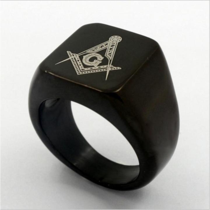 แหวนเหล็กไทเทเนียม-masonic-สีดำทองแบบแฟชั่นที่เรียบง่ายแหวนซีลของสแตนเลสสตีลผู้ชาย