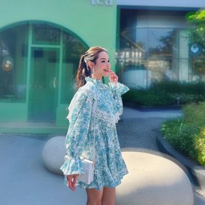 P007-060 PIMNADACLOSET -Crew Ruffle Neck Long Sleeve Button Down Cotton Blend Print Loose Shirt Dress