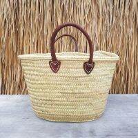 BAANSTRAW ตะกร้าหวายโมร็อกโก หูหิ้วหนังแท้  Wicker Moroccan Basket, Genuine Leather Handles, Handmade, Beach Towel Bag and Traveling Basket