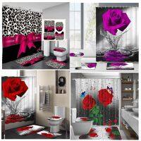 Red Rose Flower Butterfly Shower Curtain Set Non-Slip Rug Bath Mat Toilet Lid Cover 12 Hooks Waterproof Polyester Bathroom Decor