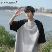 MAYCHEER    คู่บล็อกสีผู้ชายย้อนยุคเสื้อยืดท็อปแบบตัวสั้นแขนแขนสั้นคอกลม Raglan