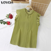 VONDA เสื้อสีทึกเสื้อสตรีแขนระบายคอตั้งแบบดูสง่าผู้หญิง (ลำลองเกาหลี) #2