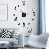 ZZOOI Modern Home Decor Wall Clocks Brief Roman Number Mirror Diy Clocks Digital Watch Quartz Living Room 3D Cat Design Wall Stickers