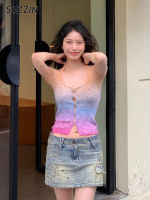 SUZZIN เสื้อเอวลอยเสื้อกล้ามแขนกุดถักสำหรับผู้หญิงมีสีเสื้อเปิดไหล่เซ็กซี่