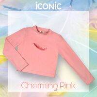 iCONiC  PARADISE RIBBED COTTON HIGH NECK LONG SLEEVE TEE #5406 สีชมพู  เสื้อยืด แขนยาว ผ้าคัทต้อน ฟอกเนื้อ หนานุ่ม เนื้อสัมผัส ละเอียด ปักลาย ขนนก ฟู 3มิติ