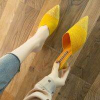 Women Shoes Elastic Thick Heel All-match Baotou 4cm Heels飞织弹力尖头粗跟百搭包头时尚凉拖鞋女