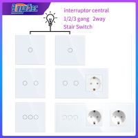 Bingoelec white Stair Switch 1Gang 2Gang 3Gang 2way Switch with EU Socket Power Socket Glass Panel Wall Touch Light Switches Power Points  Switches Sa