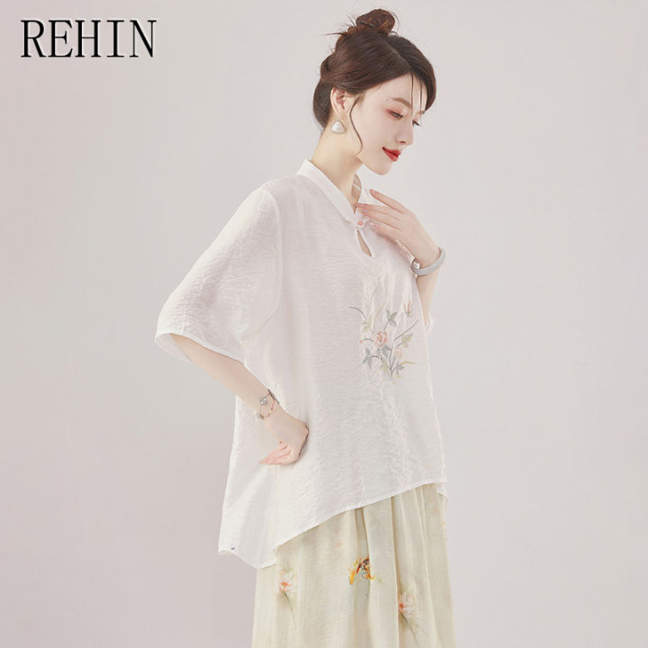 rehin-เสื้อเชิ้ตแขนสั้นชาติพันธุ์หลวมโอเวอร์ไซส์สไตล์ดั้งเดิมพร้อมเสื้อชีฟองปักสำหรับผู้หญิงมาใหม่ฤดูร้อน