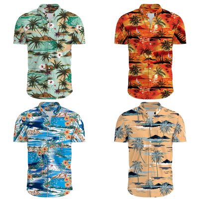 เสื้อฤดูร้อนแขนสั้นสำหรับผู้ชายเสื้อฮาวายเสื้อผู้หญิงสีส้มลำลองพิมพ์พืชเขตร้อนเสื้อผ้าชายหาด