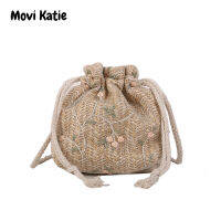 Movi Katie ลูกไม้แฟชั่นใหม่ทอกระเป๋าสะพายข้างผู้หญิง,กระเป๋าทรงถังฟางแบบทออเนกประสงค์ฉบับเกาหลี