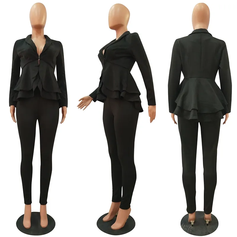 Women Set Tracksuit Full Sleeve Ruffles Blazers Pants Suit Two