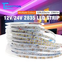 เทปยืดหยุ่นแถบไฟ LED 2835 DC12V/24V สีขาวน้ำเงินเขียวแดงน้ำเงินเข้มชมพูเหลือง120ดวง/ม. สำหรับตกแต่งห้อง5ม. 10ม.