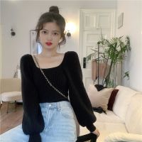 Woherb Cropped Knitwear Pullovers Fall 2021 Woman Sweaters for Women Sexy Square Collar Lantern Sleeve Jumper Sweet Sueter Mujer