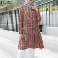 COD dhdfxcz ZANZEA Women Casual Long Sleeve Ruffles Hem Retro Printed Muslim Blouse