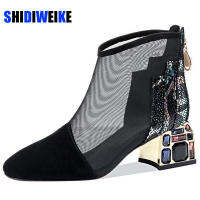 2021NEW Mesh Sandals Boots Women Mesh Ankle Boot For Summer Mid Heel Rhinestone Ponited Toe Shoes Hollow Out Back Zip Black