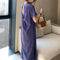 korean T Shirt Dresses for Women Summer Beach Sexy Back hollow Side split Casual dress Party cotton Comfortable Long solid Dress