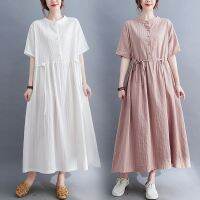 ﺴ Summer newand linen stripe collar short sleeveskirt to showthe thindraw string waist receive long dress tide