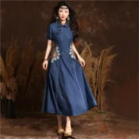 Johnature2023 Summer Woman New Disc Buckle Cheongsam Short Sleeves Cowboy Dress Vintage Embroidery Lapel Solid Color Dress Haberdashery