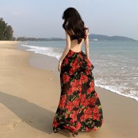 The new French long chiffon floral accept waist strap dress female summer holiday long backless dress skirt restoring ancient ways