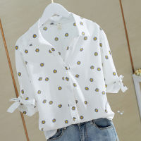 Floral cotton shirt large size women 2020V collar spring and summer solid color Korean version was thin loose white V-neck casual student