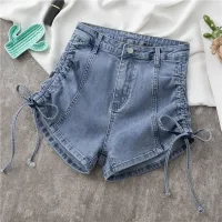 Shirred Denim Shorts Womens All-Match 2022 New Lace-Up Design Elastic Slim High Waist Straight Wide-Leg Pants