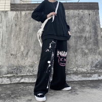 MINGLIUSILI Harajuku Print E Girl Wide Leg Pant Women Spring Fashion High Street Trousers High Waist Loose Casual Black Pants