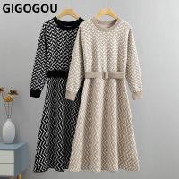 GIGOGOU Luxury Jacquard Women Long Knit Sweater Dress CHIC Autumn Winter A Line Dresses With Belt Pleated Maxi Midi Party Dress