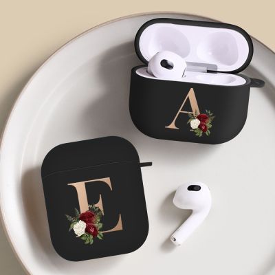 Protective Case For Airpods Pro 2 1 Flower Initial Alphabet Letter For AirPods 3 2 1 Generacion Black Wireless Headphone Cover Headphones Accessories